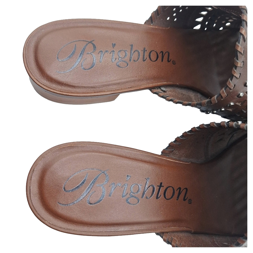 Brighton Ferrara NEO Caramel Laser Cut Studded Leather Sandals - 9 - Picture 6 of 13